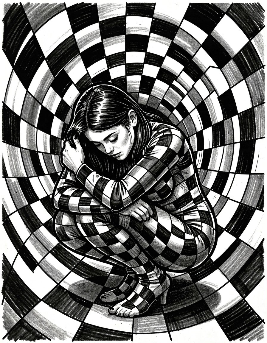 Black and White Pop Art Woman in Spiral Tunnel Checkered Pattern Banner