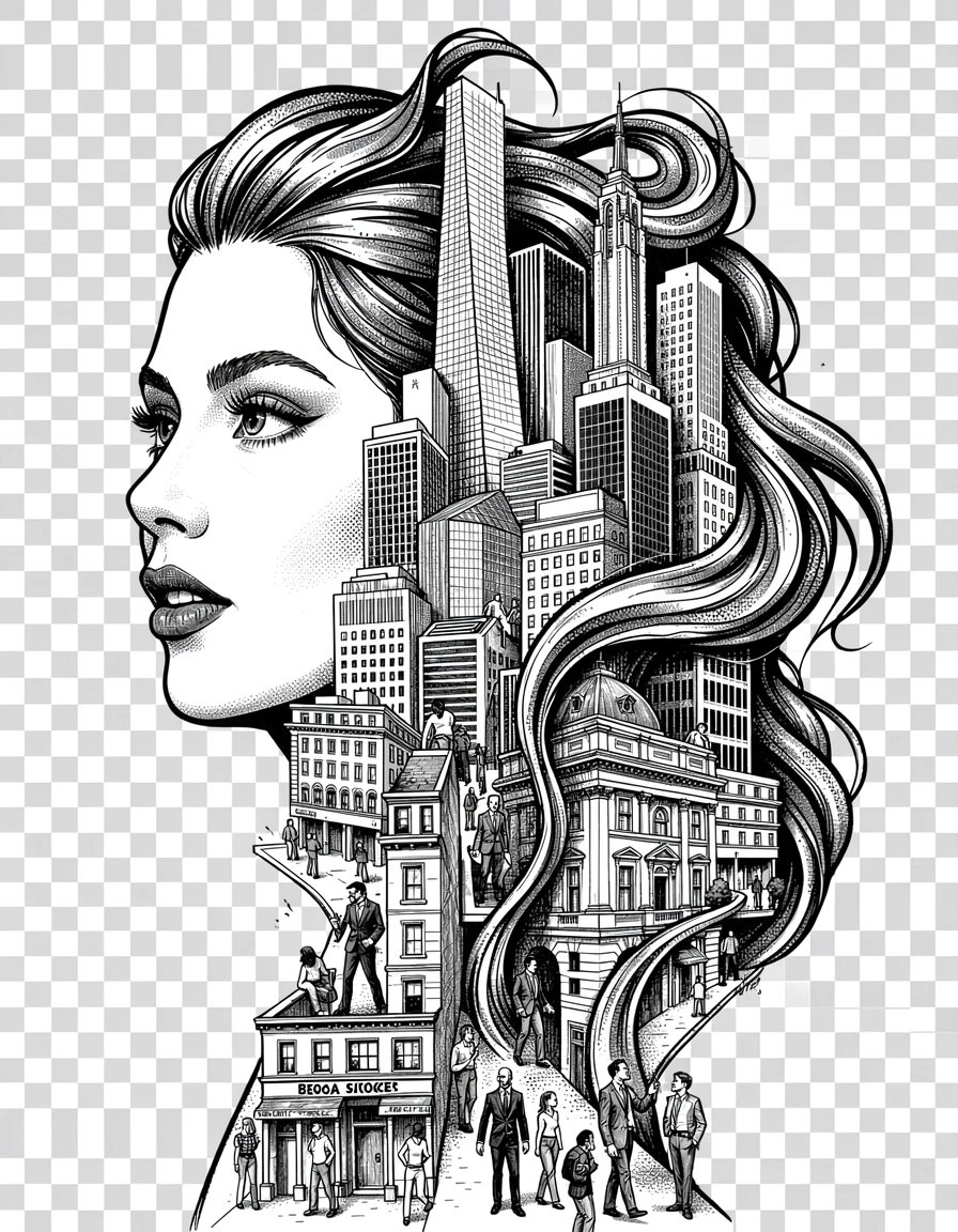 Black and White Pop Art Banner Featuring Woman's Profile Morphing Into Cityscape with Dynamic Marker Illustration