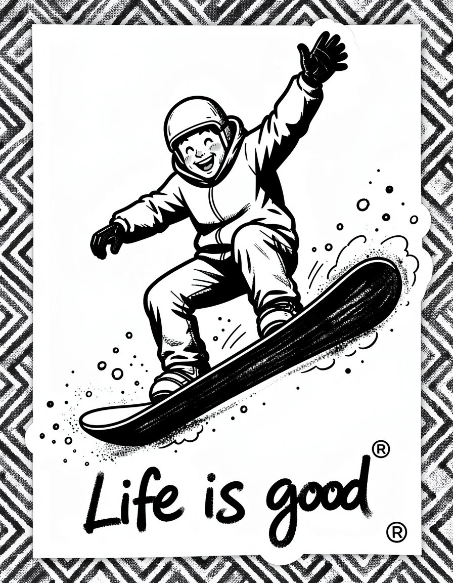 Black-and-White Pop Art Snowboarder Banner with Joyful Expression and Bold Lines