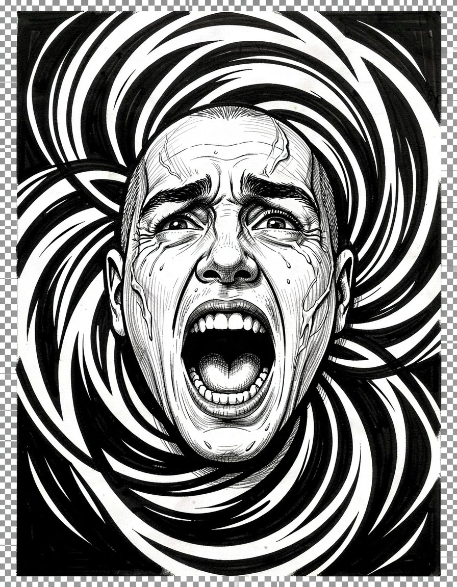 Black-and-White Screaming Face Marker Illustration with Swirling Surreal Patterns for Stickers and Prints