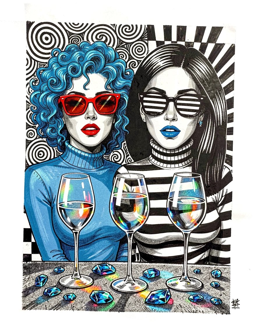 Bold Pop Art Banner Featuring Two Stylish Women with Geometric Patterns and Vibrant Colors
