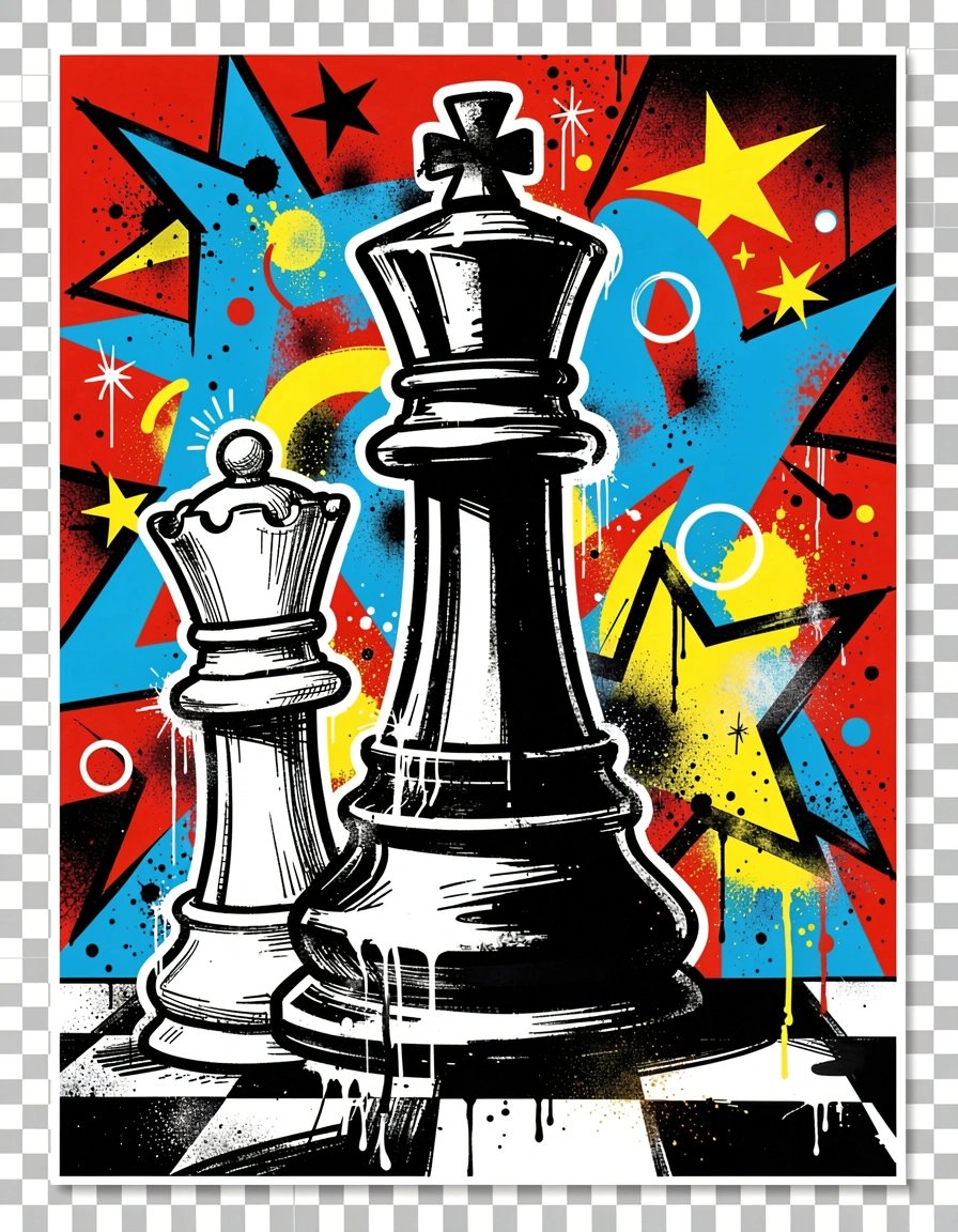 Bold Pop Art Chess Banner with Black King and White Queen on Vibrant Graffiti Background