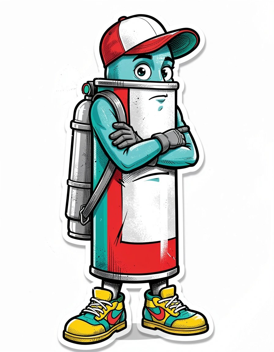 Bold Pop Art Graffiti Spray Can Sticker with Urban Street Style Character