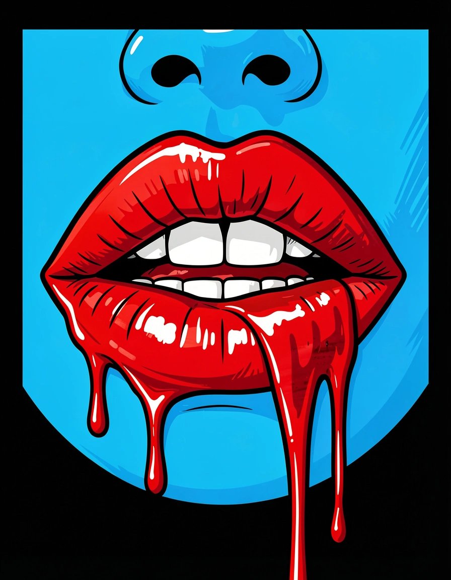 Bold Pop Art Lips Illustration with Dripping Red Lipstick on Bright Blue Background