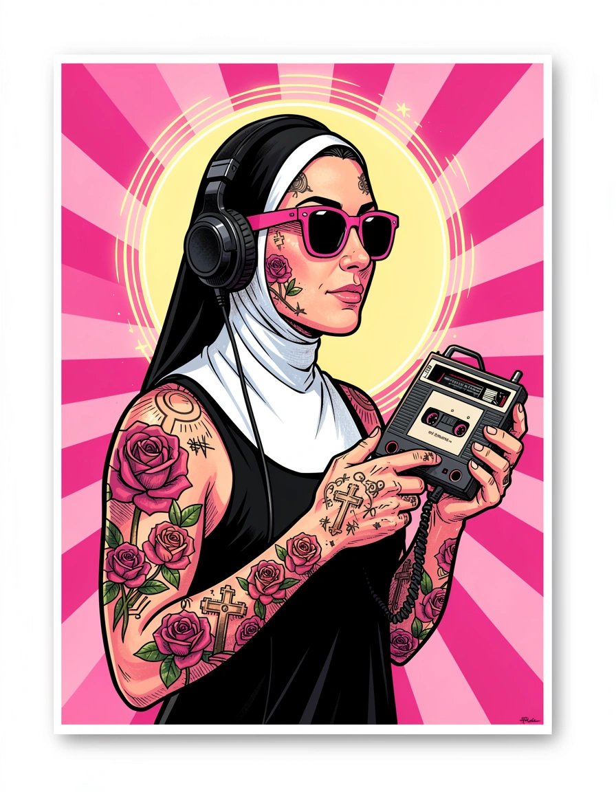 Bold Pop Art Nun with Tattoos and Pink Sunglasses Sticker Design