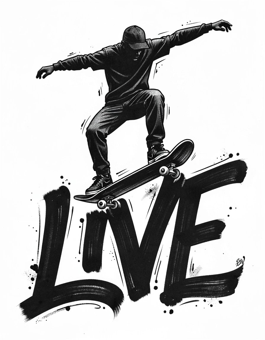 Bold Pop Art Skateboarder Silhouette on LIVE Typography Sticker and Print Design
