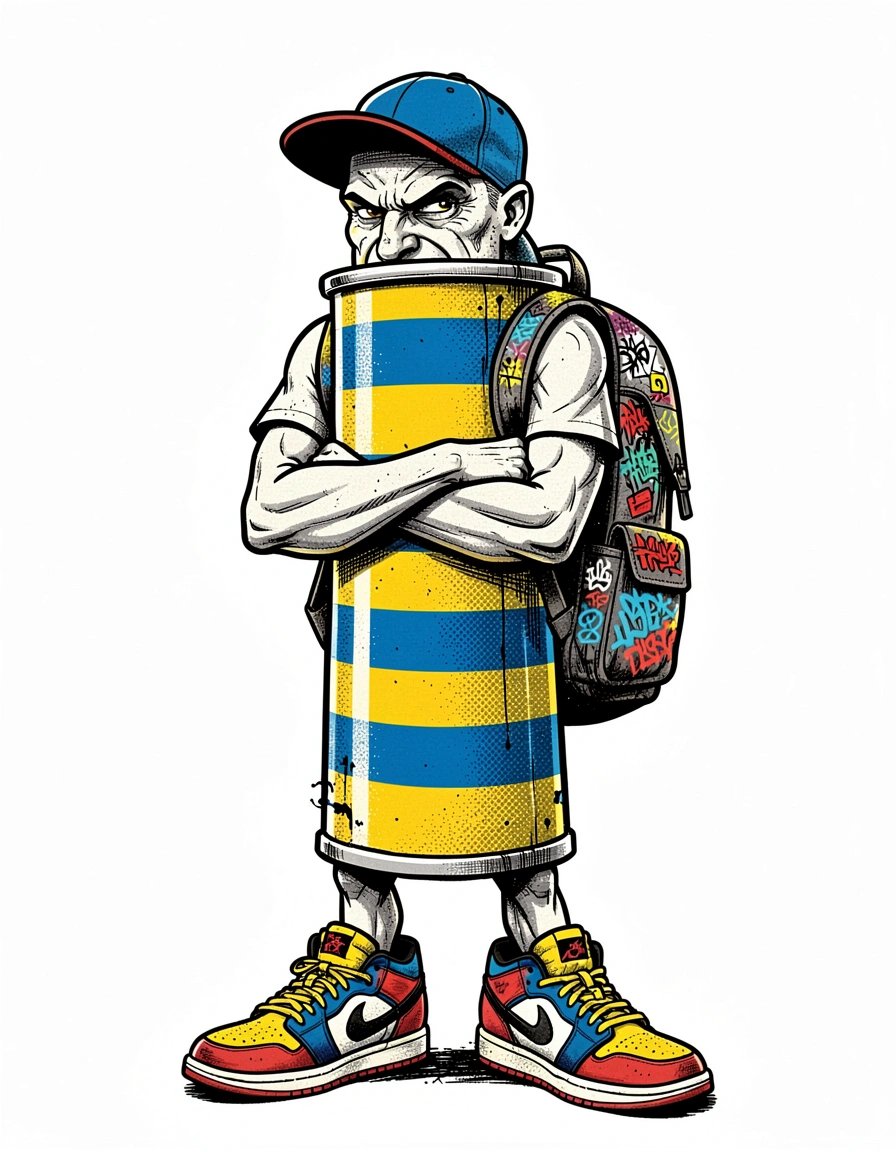 Bold Pop Art Spray Paint Can Character Sticker Design with Urban Graffiti Style