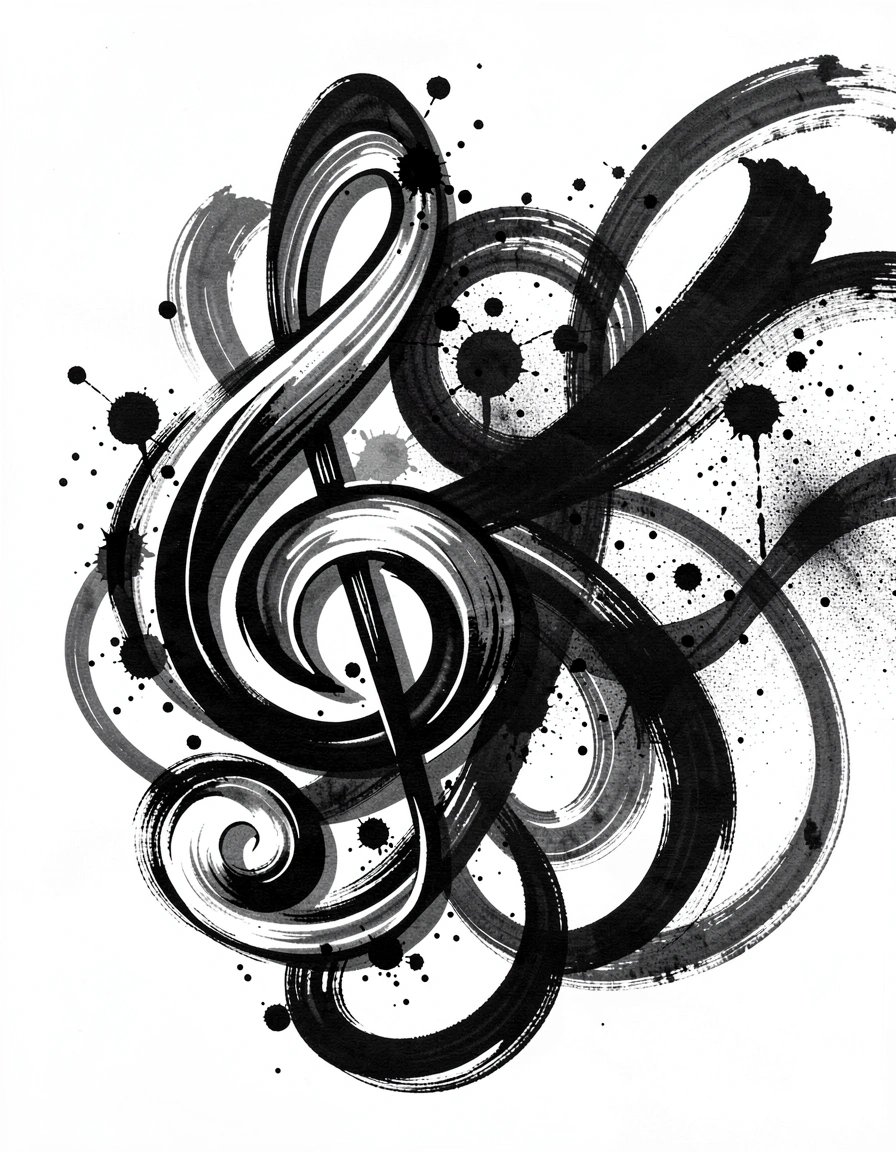 Dynamic Black and White Treble Clef Marker Illustration with Expressive Swirls and Splatters