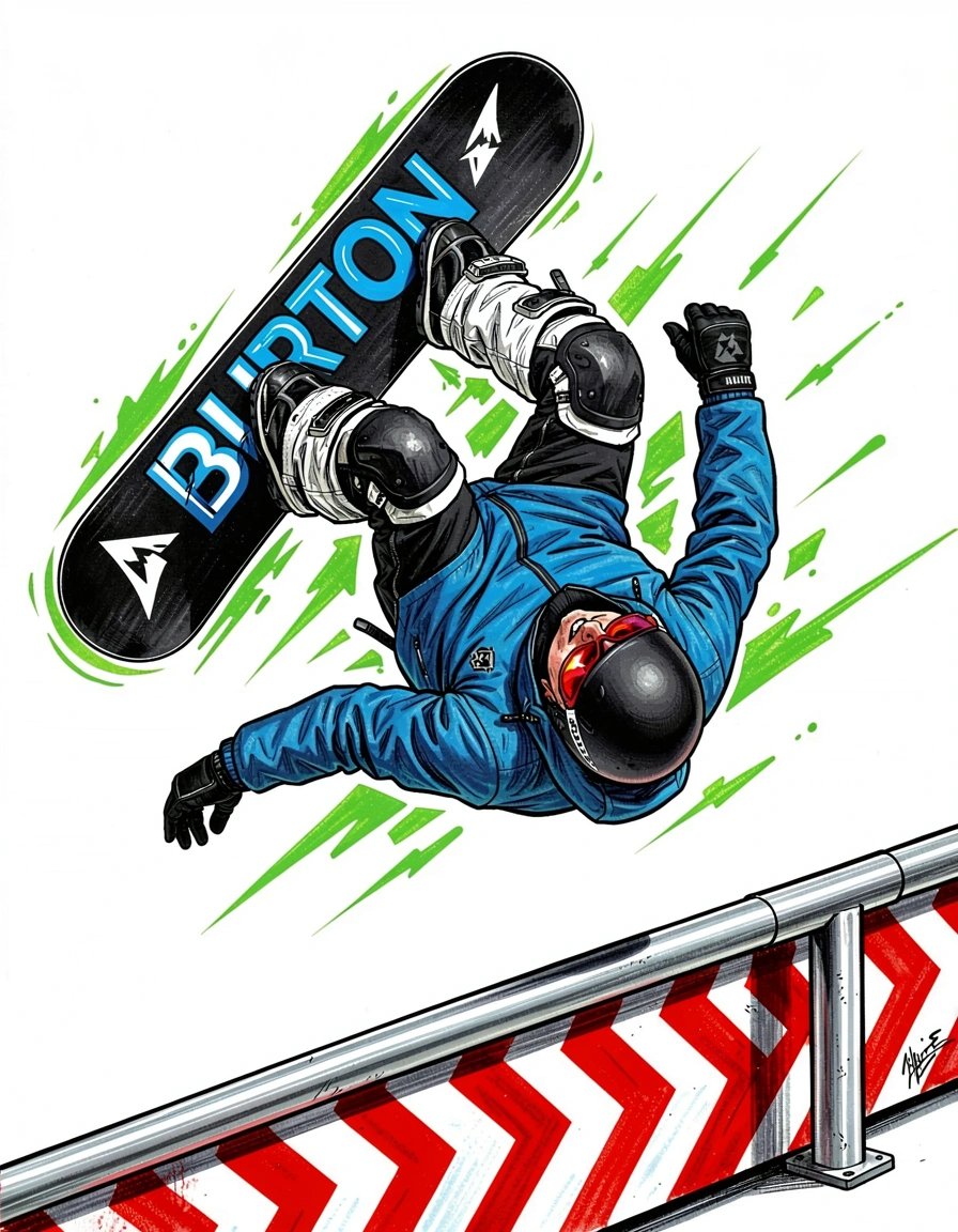 Dynamic Marker Illustrative Snowboarder Mid-Air with Burton Snowboard and Vibrant Motion Effects