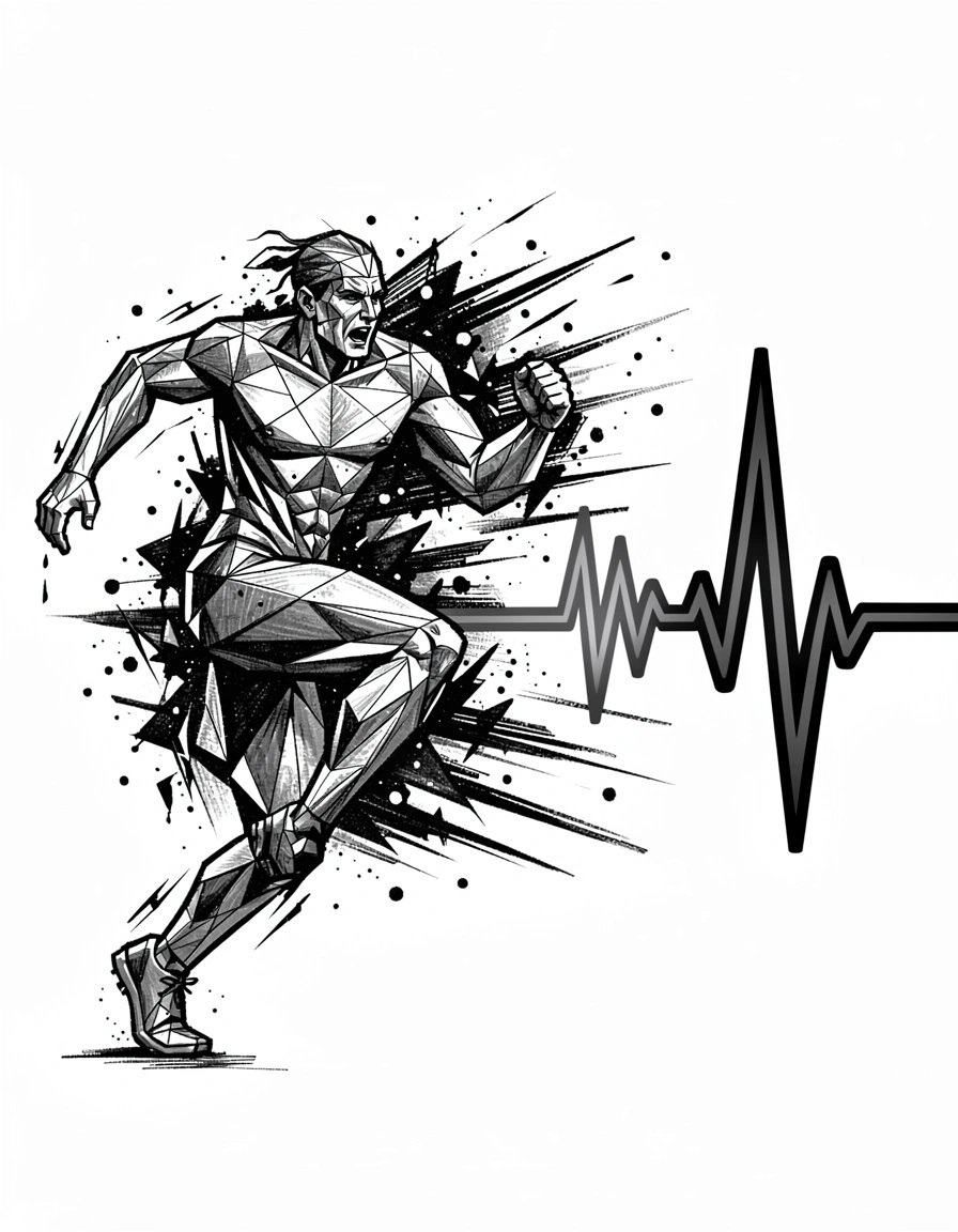 Dynamic Monochrome Geometric Runner Illustration with ECG Pulse for Modern Graphic Design