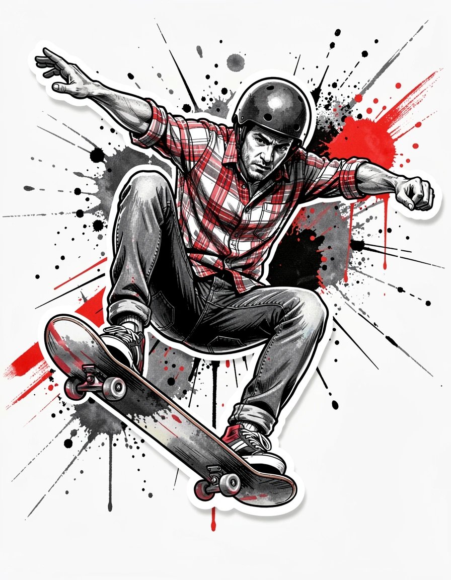 Dynamic Skateboarder Sticker Design in Bold Marker Illustration Style