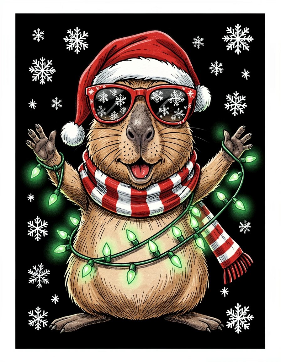 Festive Pop Art Capybara Banner with Santa Hat and Christmas Lights