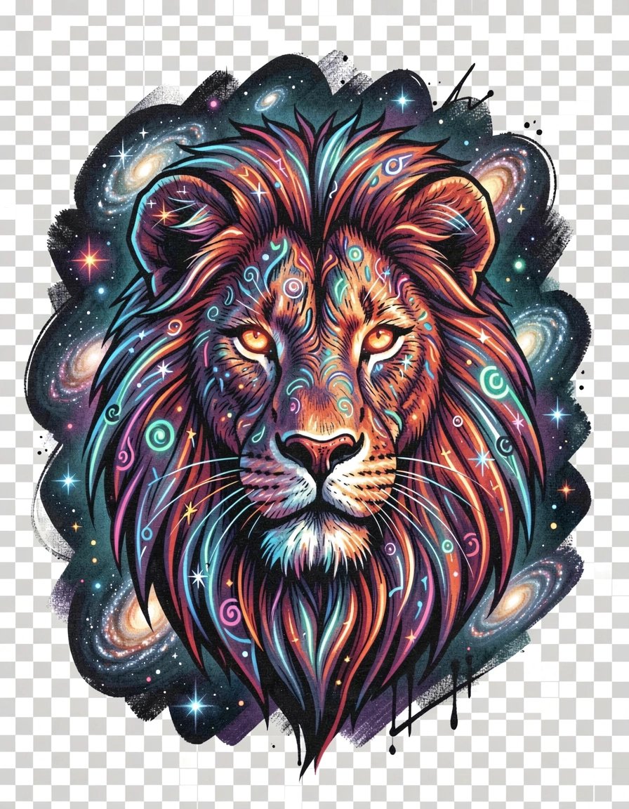 Majestic Cosmic Lion Head Marker Art with Neon Celestial Elements Poster