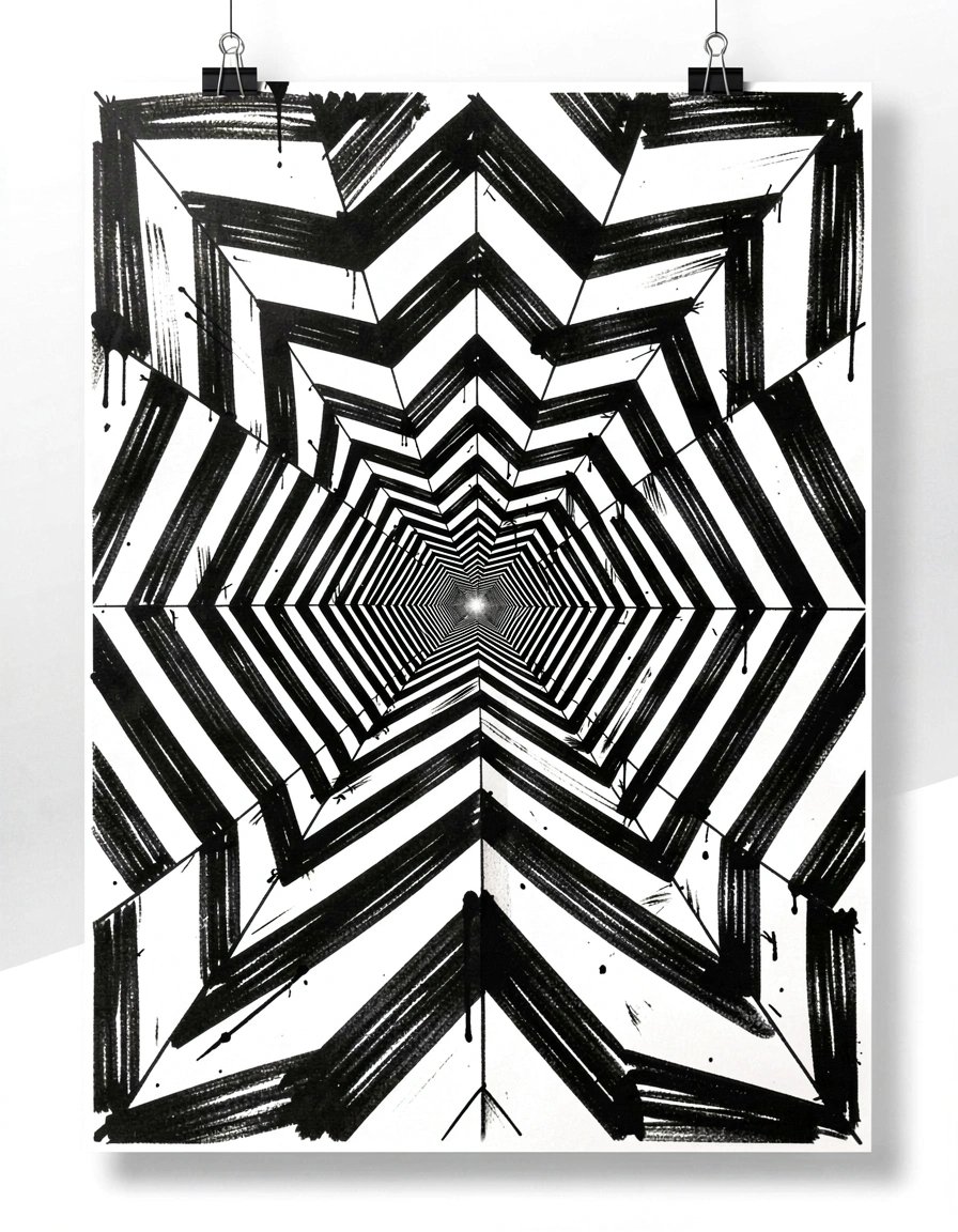 Mesmerizing Black-and-White Optical Illusion Tunnel Sticker and Poster Design