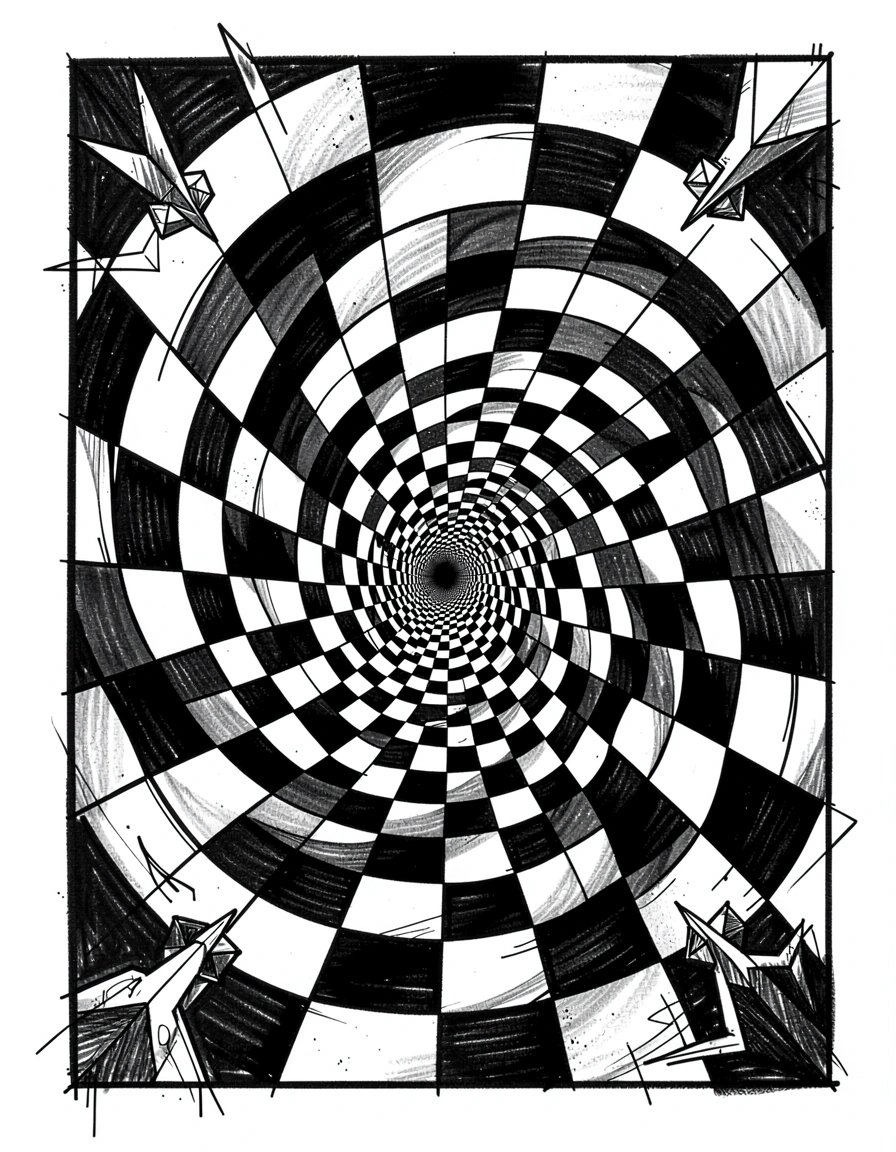 Mesmerizing Black and White Spiral Tunnel Optical Illusion Poster with Checkered Pattern Graphic