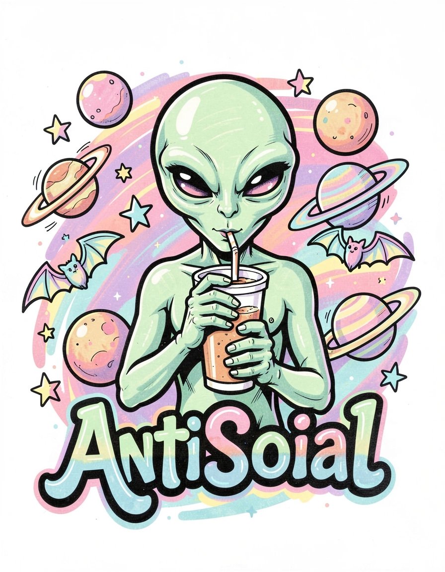 Playful Cartoon Alien Sipping Drink with Celestial Elements AntiSocial Sticker Design
