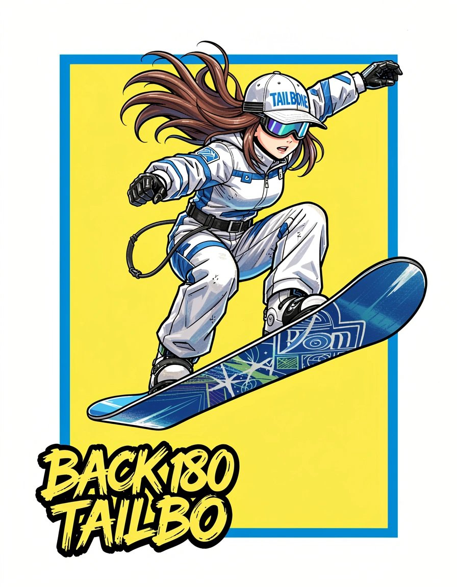 Vibrant Anime Female Snowboarder 180 Tailbone Trick Marker Illustration Poster