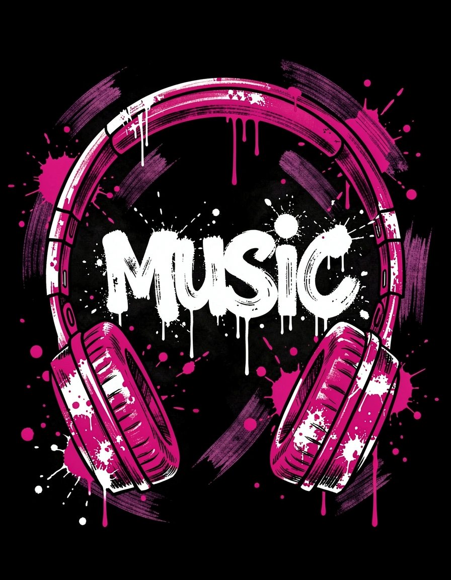 Vibrant Magenta Headphones Pop Art Banner with Graffiti Music Text