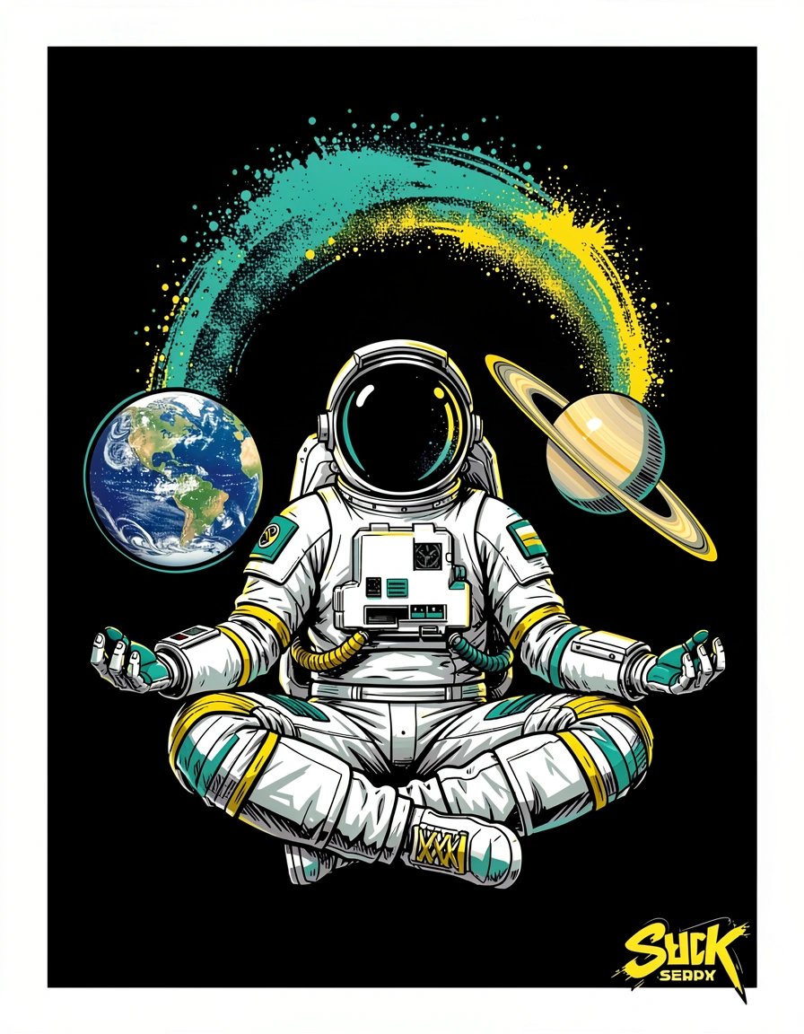 Vibrant Pop-Art Astronaut Meditating with Planets Cosmic Unity Illustration