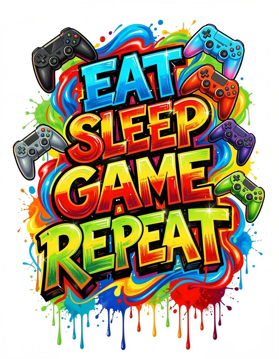 Vibrant Pop Art Gaming Banner with Bold Graffiti Text and Controllers