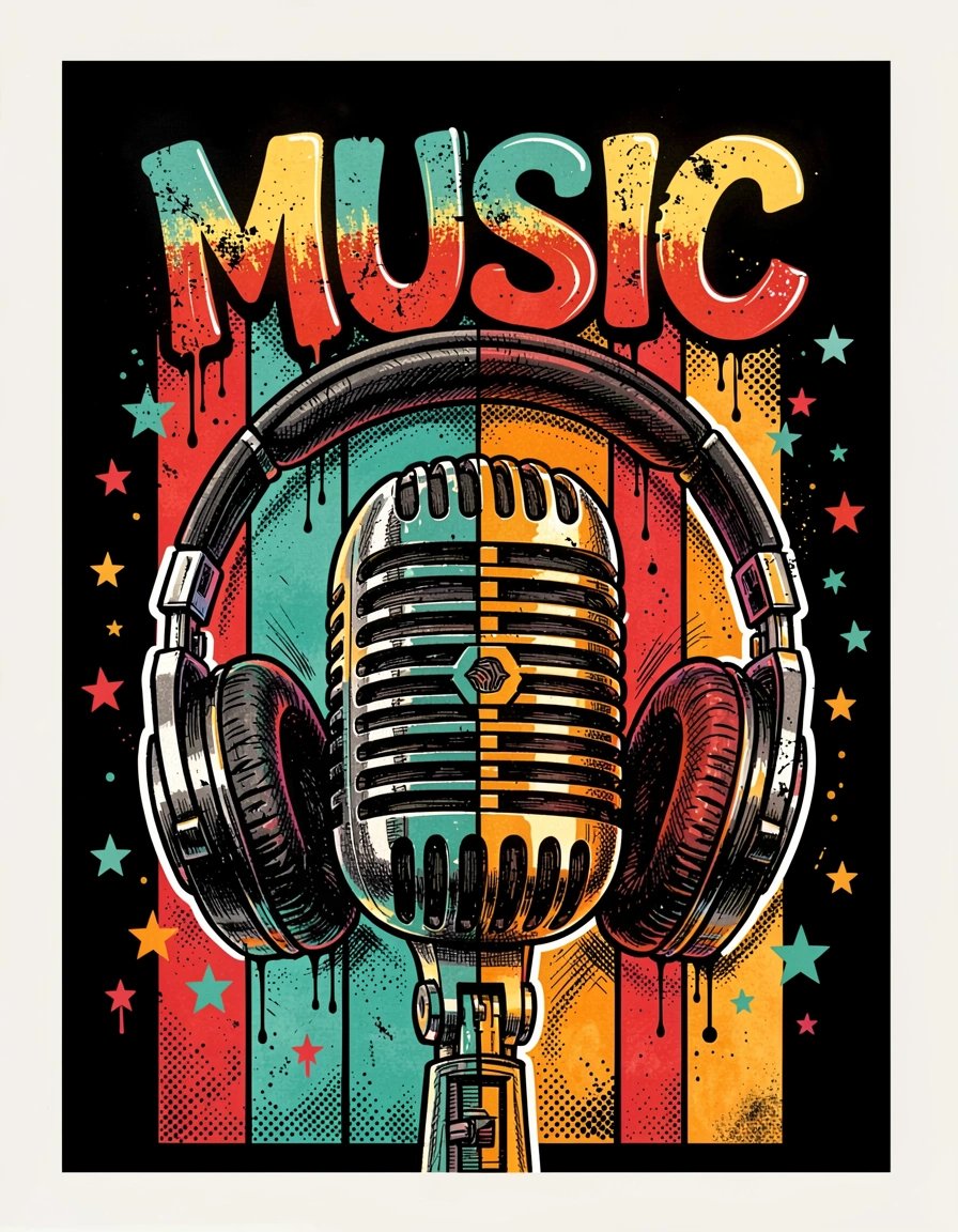 Vibrant Pop Art Vintage Microphone and Headphones Banner with MUSIC Typography