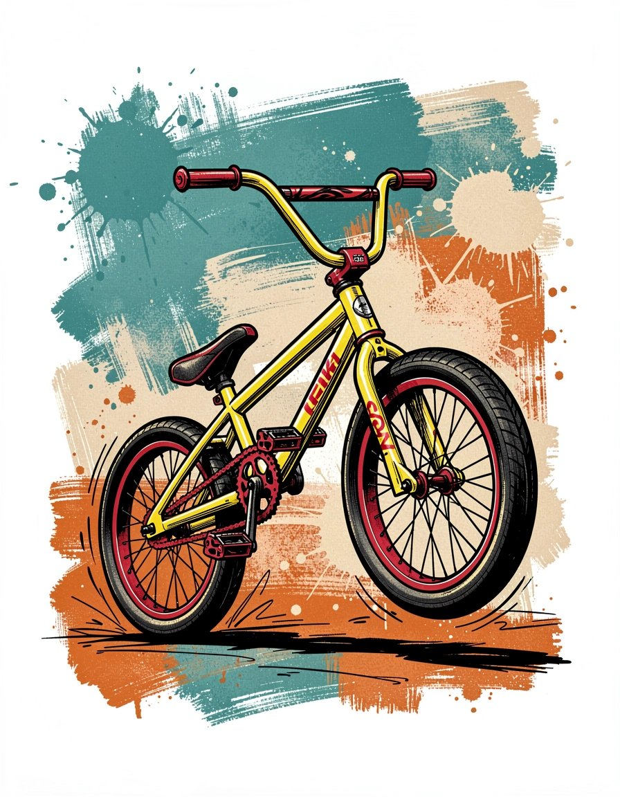 Vibrant Pop Art Yellow BMX Bicycle Illustration with Dynamic Pose and Distressed Abstract Background