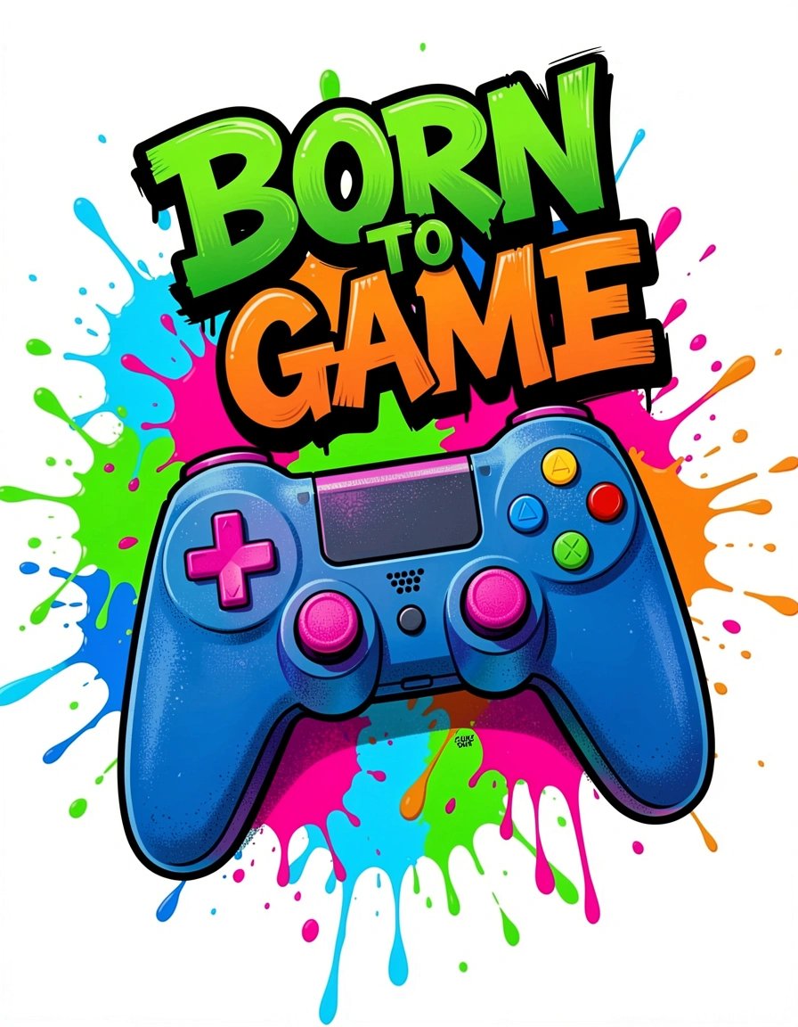 Vibrant Stylized Video Game Controller Design with Bold Graffiti Typography for Gaming Merchandise