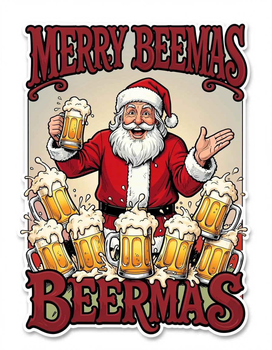 Vintage Comic Style Jolly Santa Claus with Festive Beer Mugs Sticker Design for Holiday Celebrations