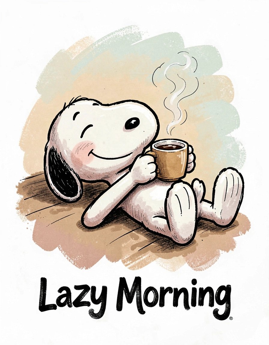 Vintage Marker Illustration of Snoopy Relaxing with Coffee and Bold Lazy Morning Typography