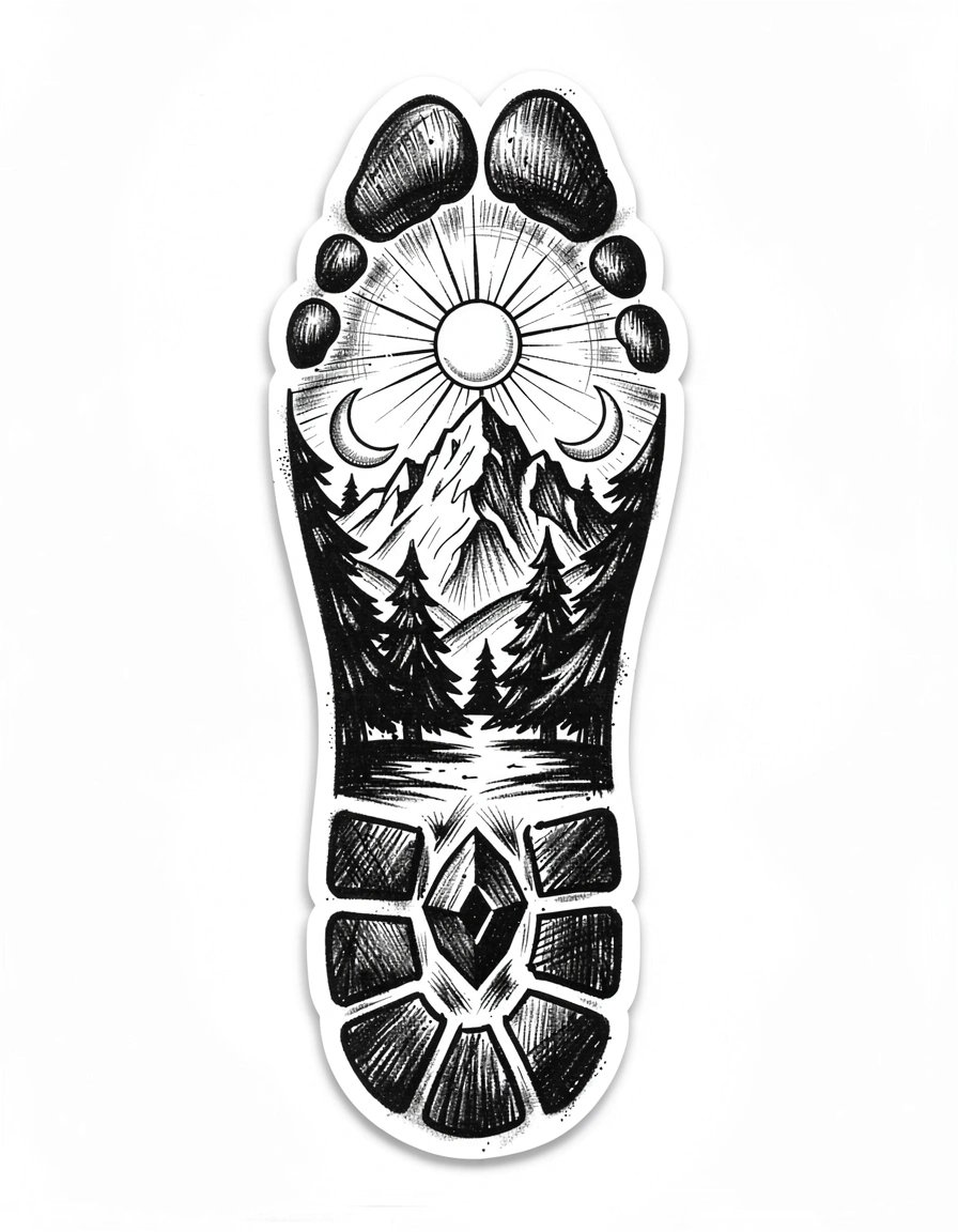 Bold Black and White Stylized Footprint Outdoor Adventure Logo Sticker Design