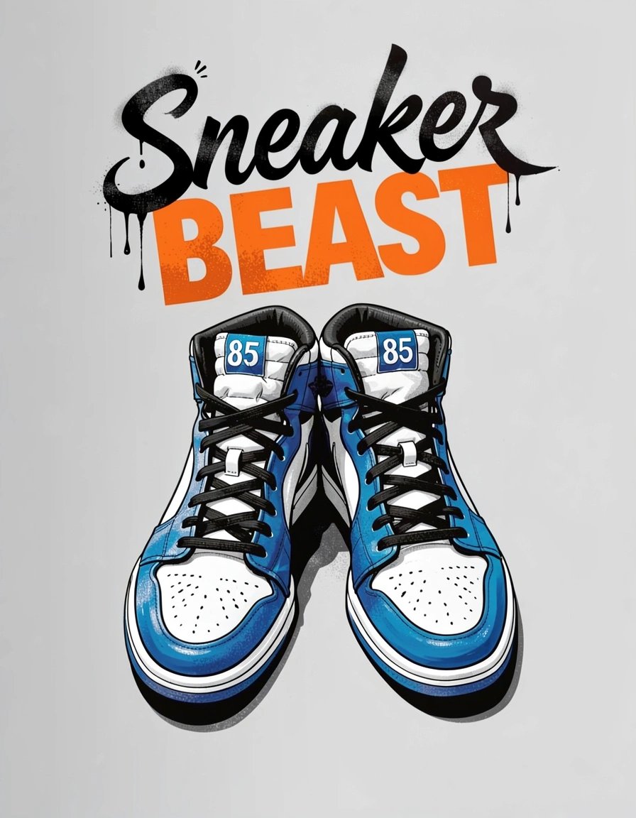 Dynamic Blue White High-Top Sneakers Marker Illustration with Bold Orange Sneaker Beast Typography