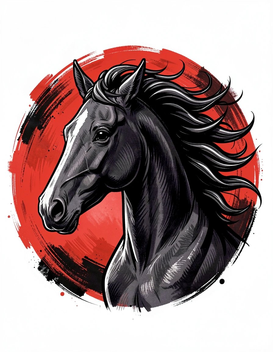 Dynamic Horse Head Clipart Logo with Bold Red Abstract Background
