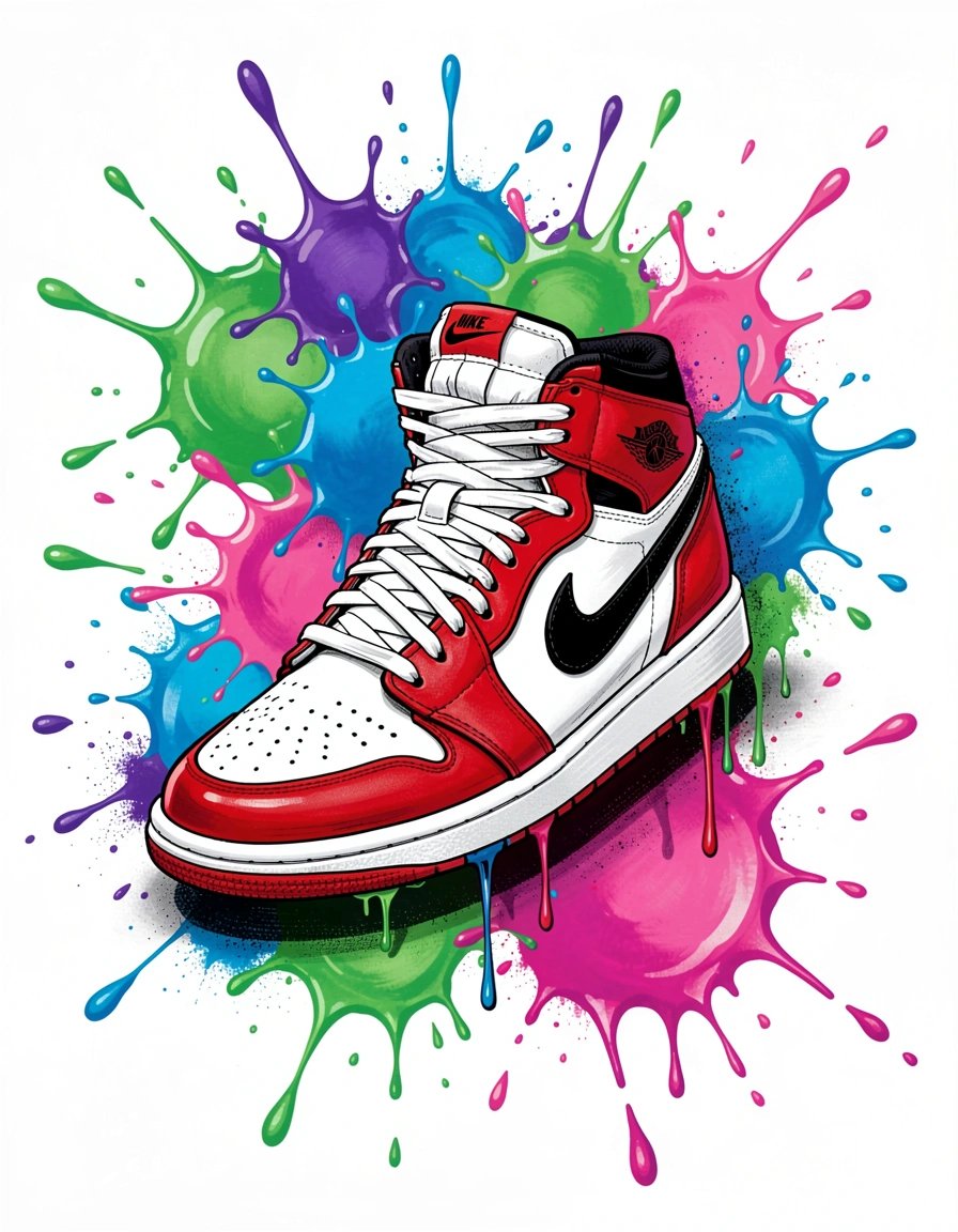 Dynamic Nike Air Jordan Sneaker Illustration with Vibrant Paint Splatters in Marker Style