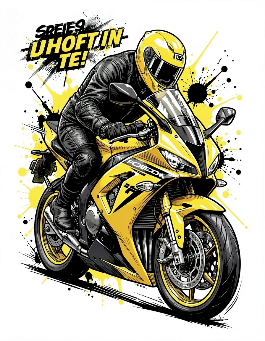 Dynamic Pop Art Motorcycle Rider Banner Sticker Design in Yellow and Black