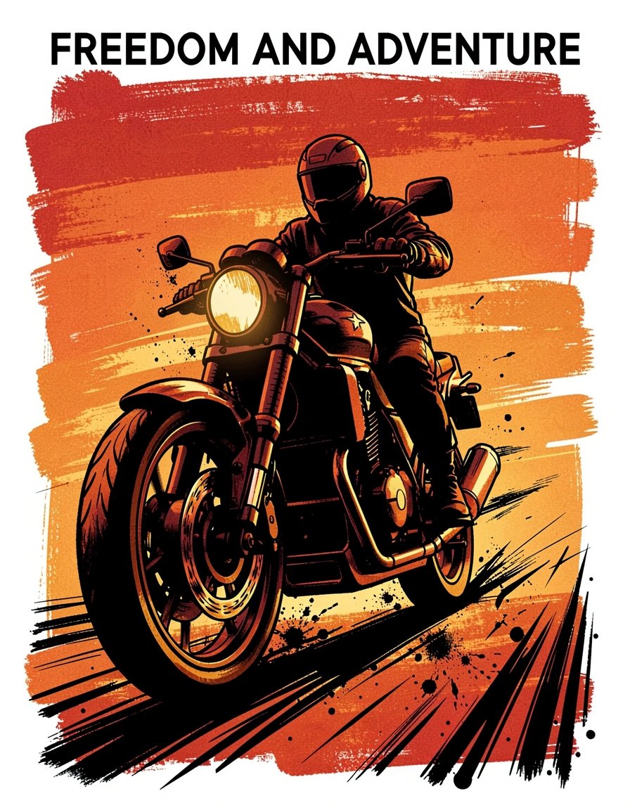 Dynamic Pop Art Motorcyclist Banner with Vibrant Orange-Red Sunset Silhouettes