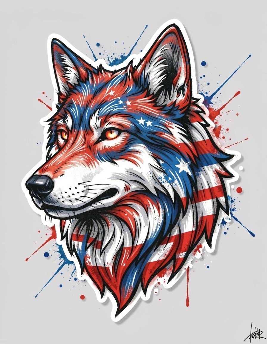 Dynamic Red White Blue Wolf Head Illustration Sticker Graphic Design Logo