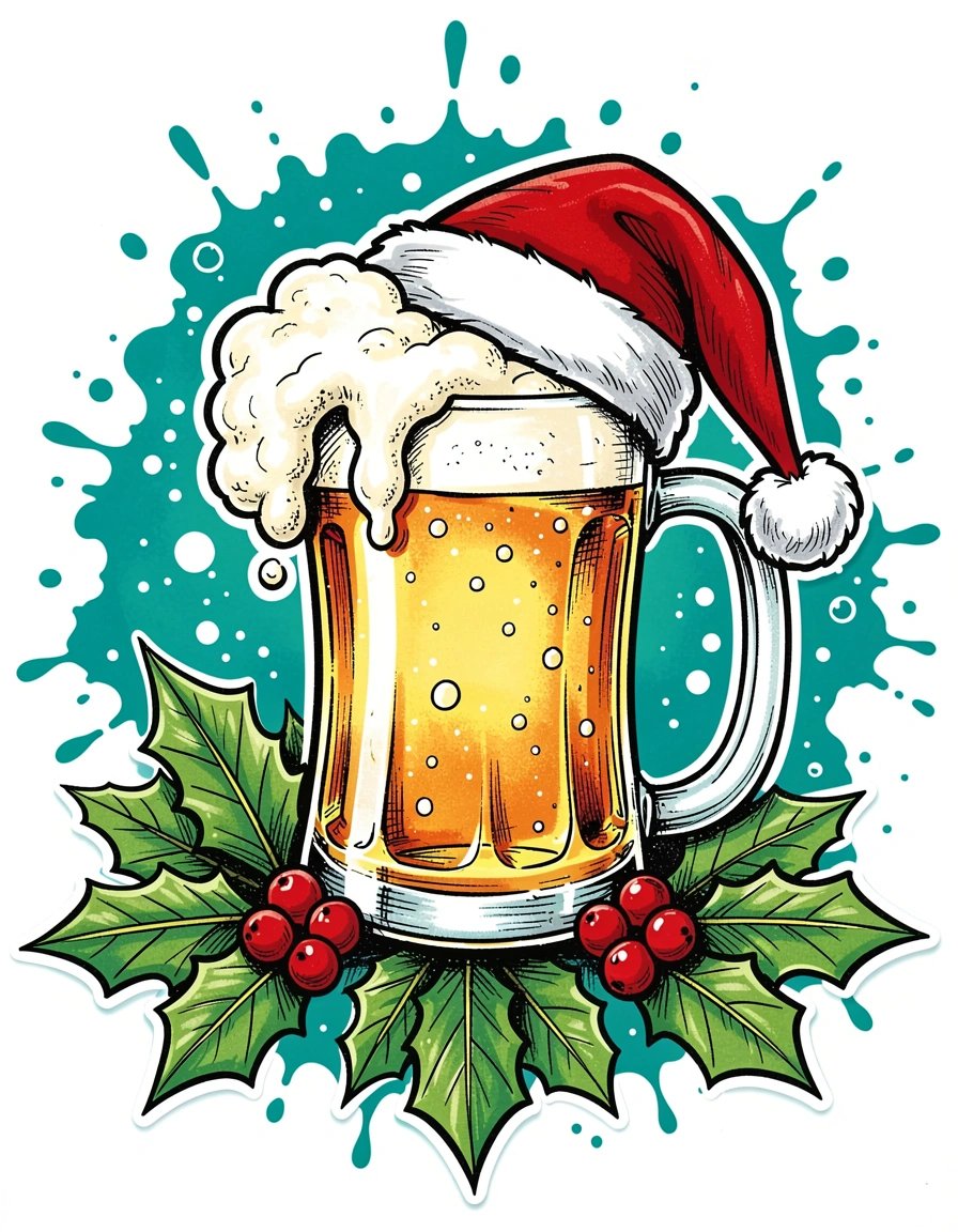 Festive Beer Mug with Santa Hat Sticker Design Featuring Holly and Bubbles on Vibrant Teal Background