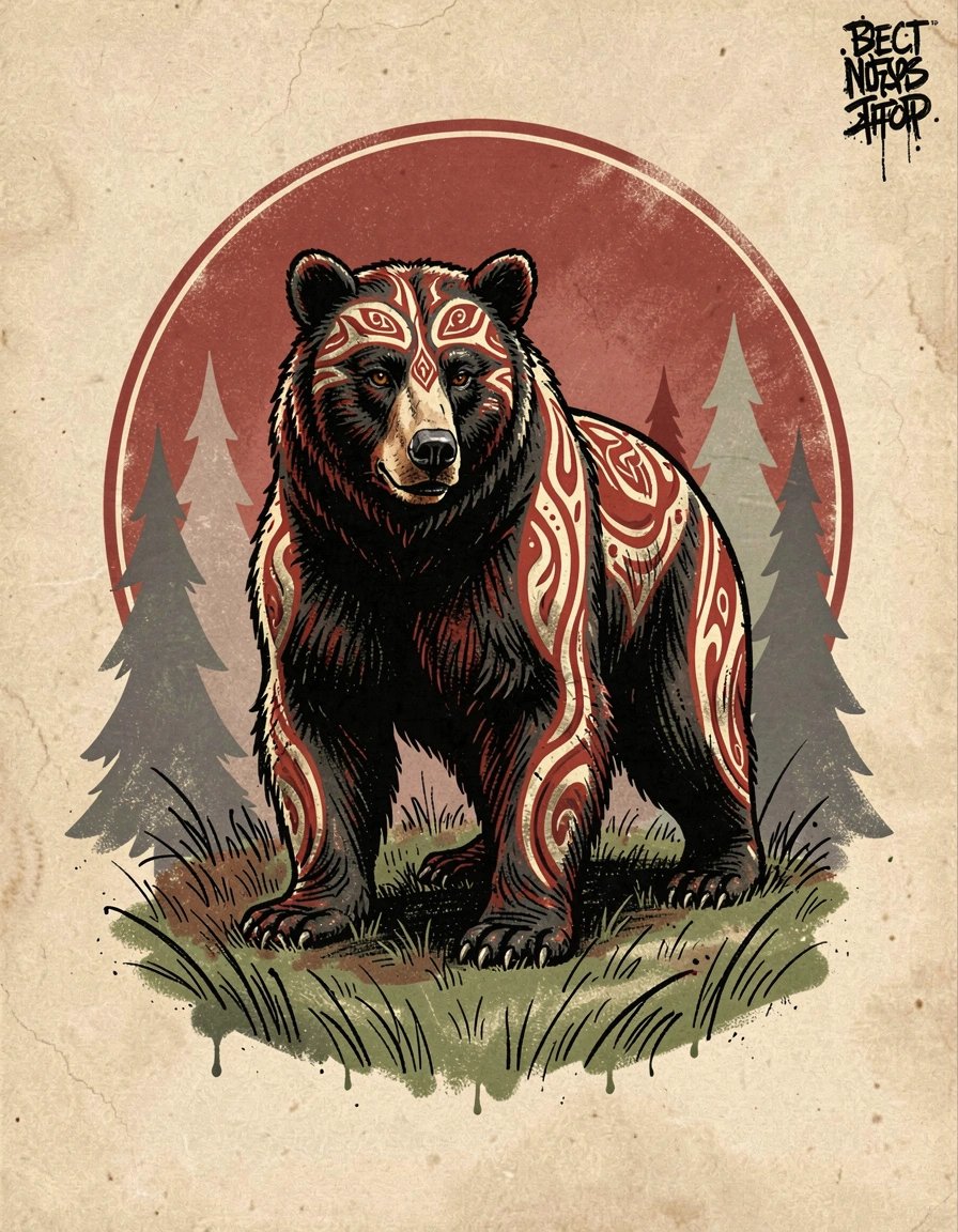Intricate Native American Black Bear Marker Illustration with Tribal Patterns and Mystical Forest