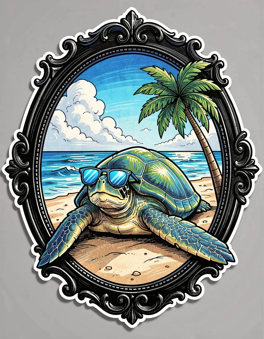 Trendy Sea Turtle Sticker Design with Ornate Oval Frame in Marker Illustrative Style