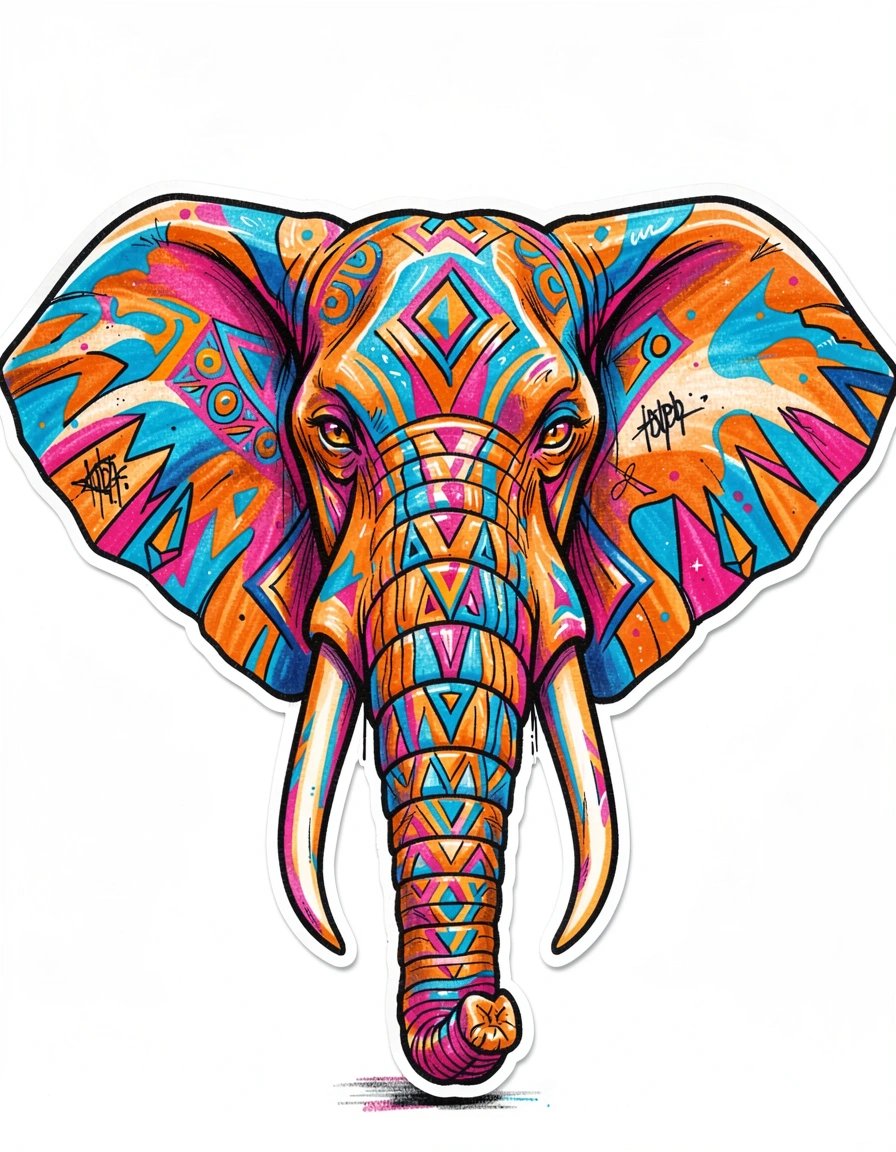 Vibrant Geometric Elephant Head Sticker Design with Abstract Pop Art Elements