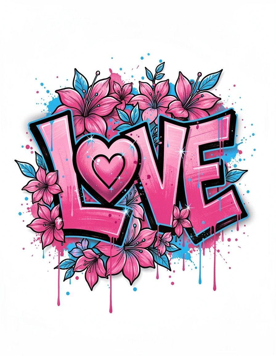 Vibrant Graffiti Style LOVE Word Art with Integrated Heart and Floral Elements