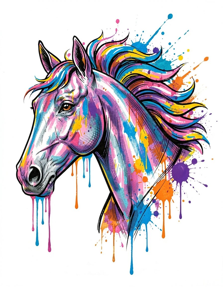 Vibrant Marker-Style Horse Head Illustration with Multicolor Paint Splatters