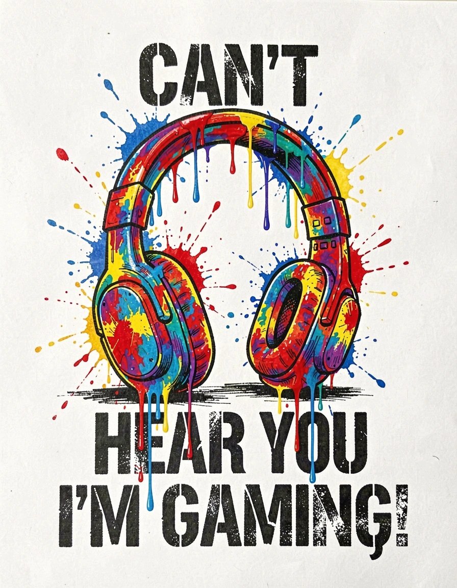 Vibrant Multicolored Gaming Headset Marker Illustration with Bold Stencil Text Sticker Design