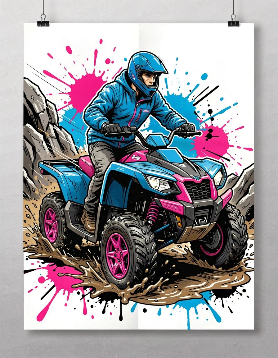 Vibrant Pop Art ATV Rider Banner With Dynamic Paint Splatters And Energetic Motion