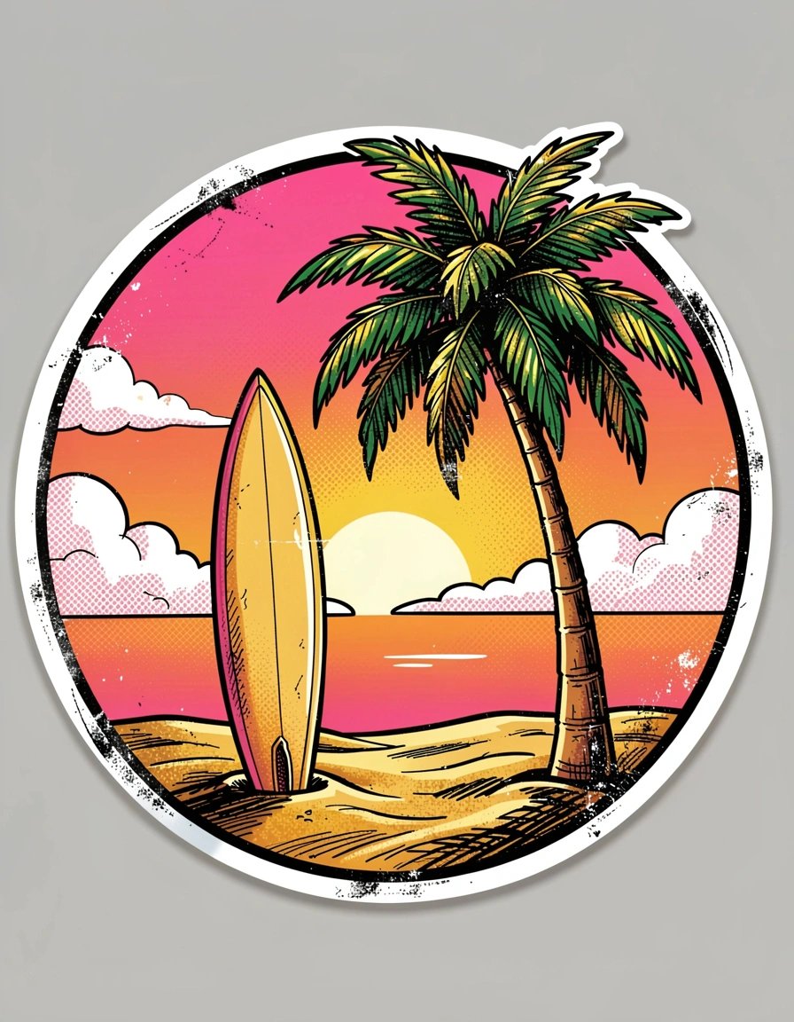 Vibrant Pop Art Beach Scene Banner with Surfboard and Palm Tree in Circular Design