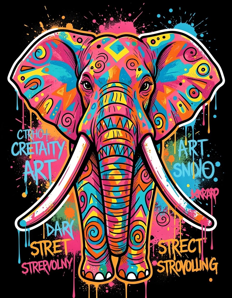 Vibrant Pop Art Elephant Sticker Design with Bold Graffiti Style and Dynamic Colors