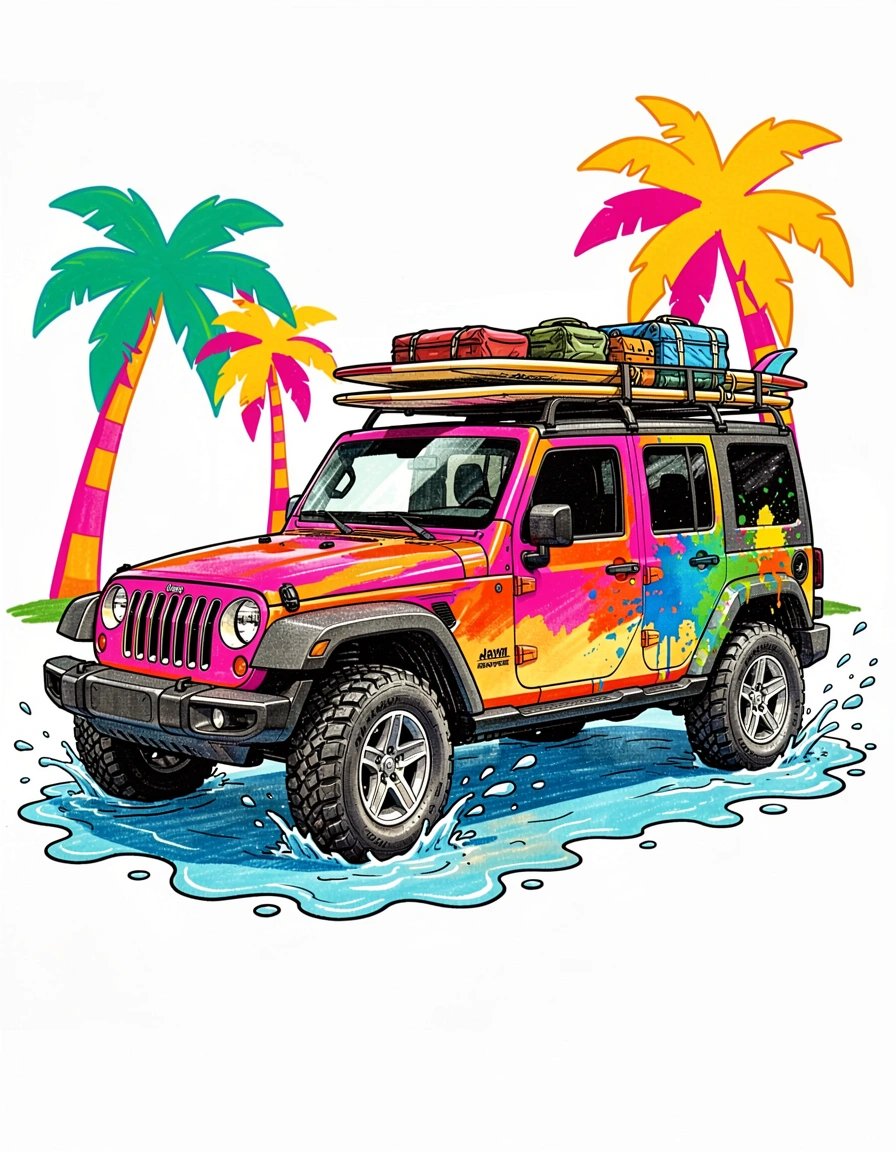 Vibrant Pop Art Jeep Wrangler Banner with Tropical Adventure Theme