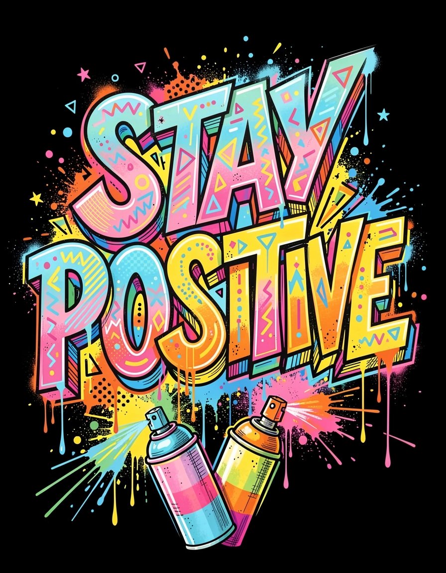 Vibrant Pop Art STAY POSITIVE Graffiti Banner with Colorful Marker Illustrations