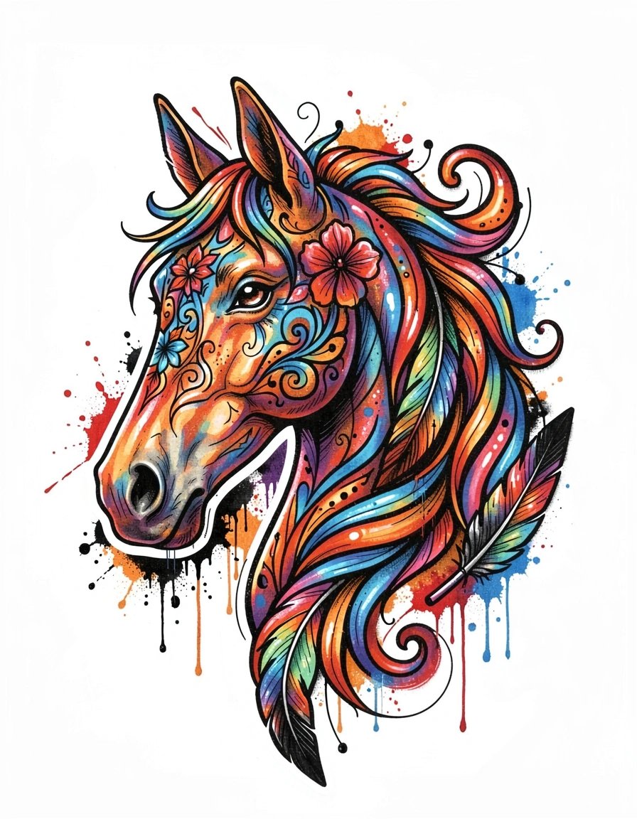 Vibrant Pop Art Stylized Horse Head Sticker Design with Floral and Graffiti Elements