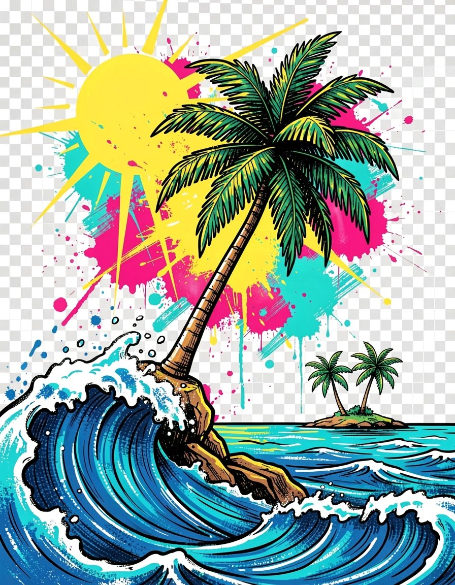 Vibrant Pop Art Tropical Palm Tree Banner Sticker Design with Dynamic Brushstrokes